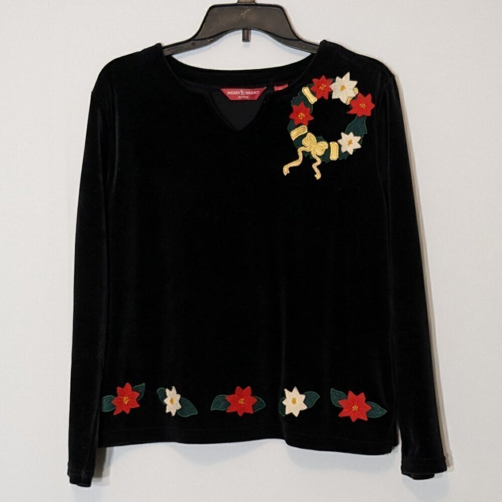 MERRY & BRIGHT Black Velour Christmas Poinsettia Holiday Sweater Top; Size PM